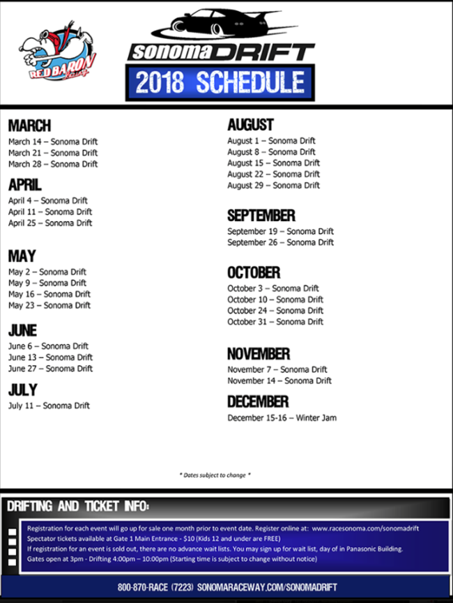 Sonoma drift 2018 schedule